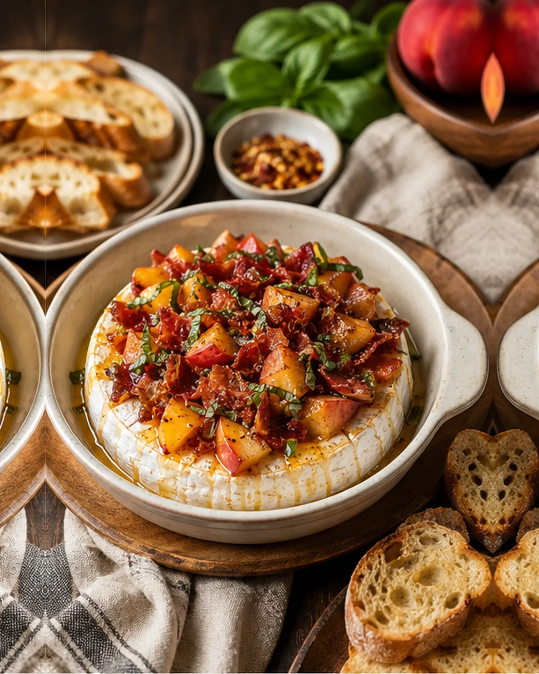round baked brie topped with diced peaches and herbs, served with crusty bread on a wooden board
