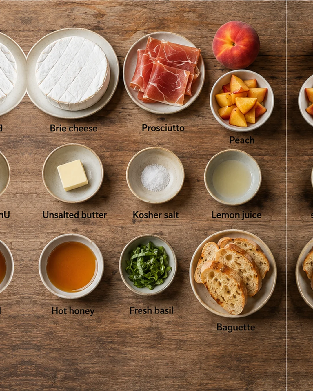 Top-down view of a rustic wooden board with brie, prosciutto, peaches, and condiments in bowls.