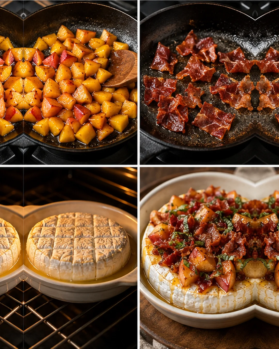 Four-panel collage showing sautéed peaches, crispy bacon, brie baking, and finished brie with peaches.