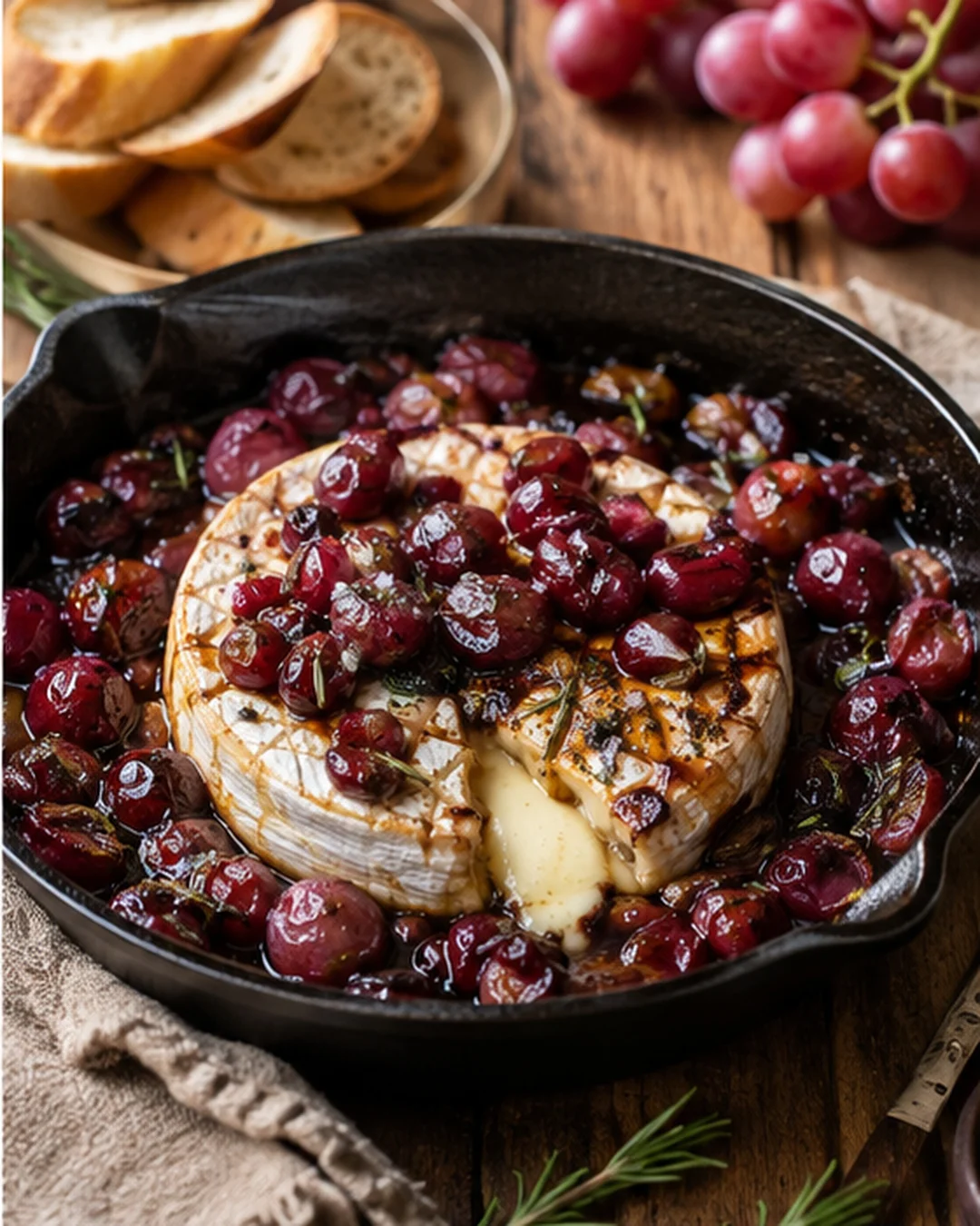 Brie cheese baked in cast-iron skillet topped with cherries and honey, with bread slices and red grapes in the background.