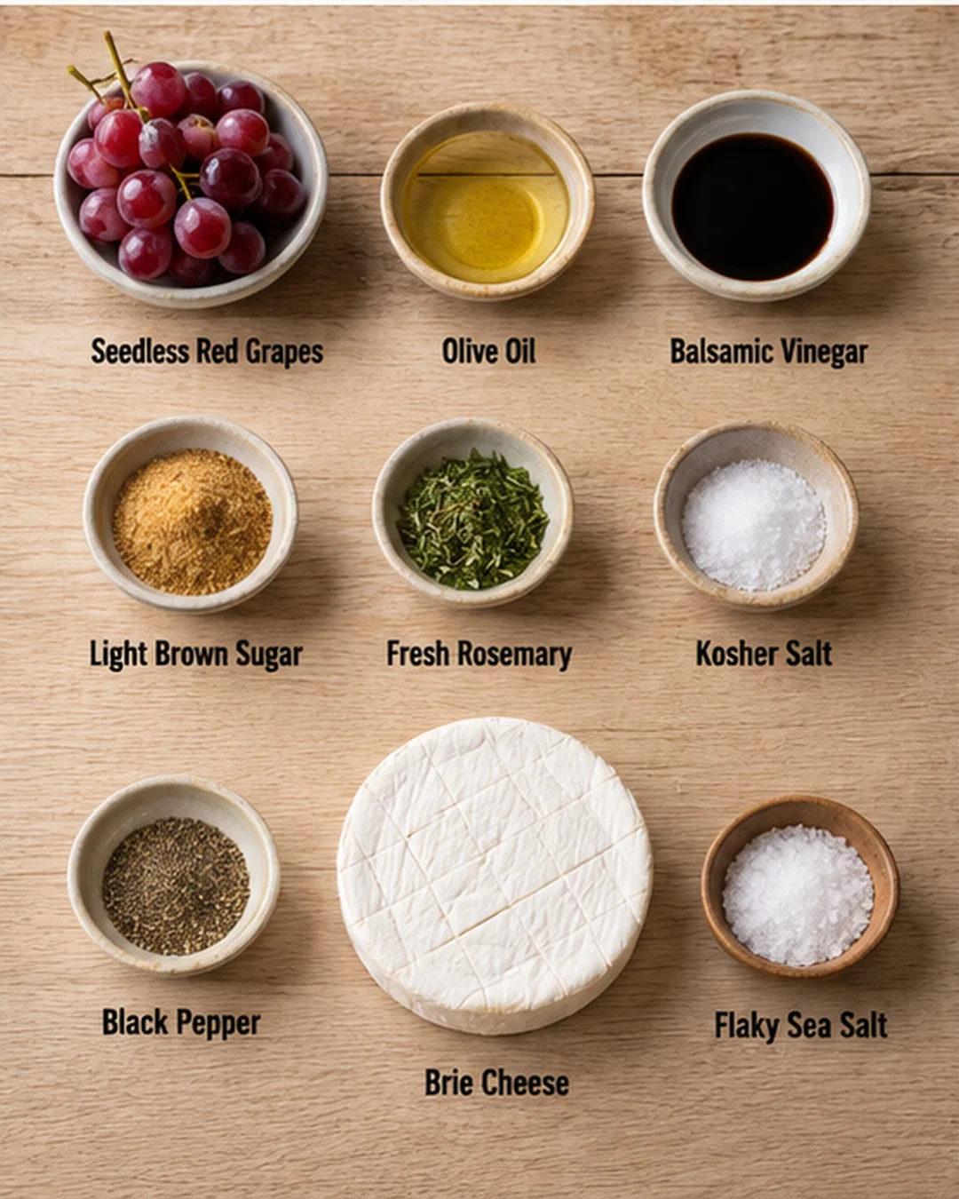 Overhead shot of a wooden board with bowls of grapes, olive oil, vinegar, spices, herbs, and Brie.