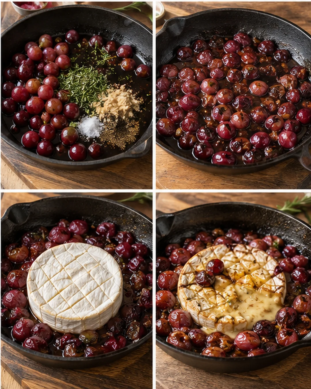 four-panel collage showing cherries in a skillet with rosemary and sugar, then brie added and melted