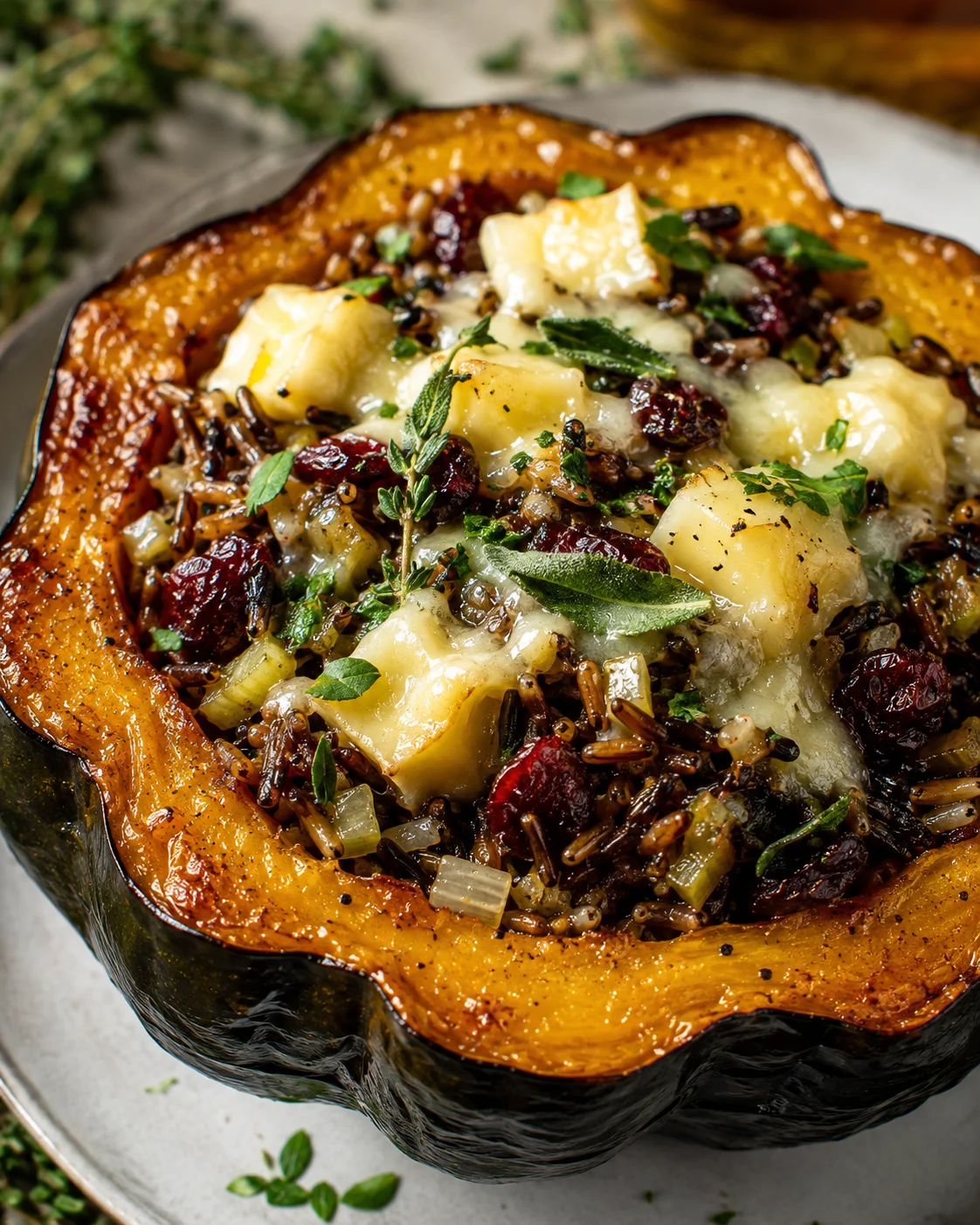 A hollowed roasted pumpkin filled with wild rice, cranberries, melted cheese, and herbs.