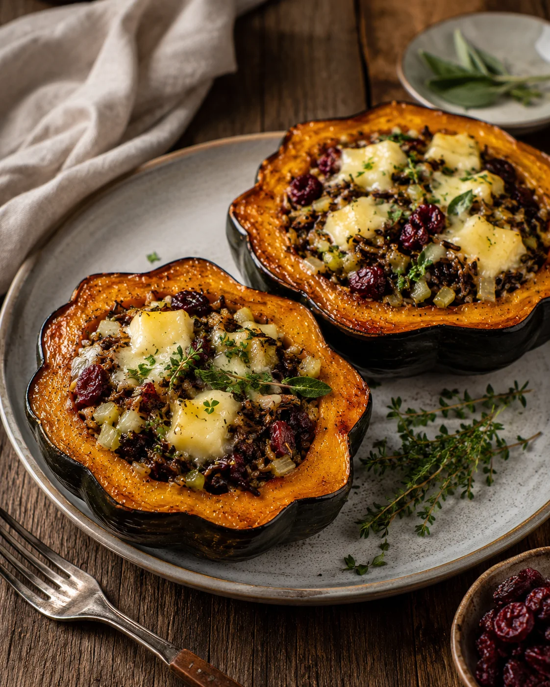 Two roasted kabocha squash halves stuffed with grains, onions, cranberries, and melted cheese on a gray plate.