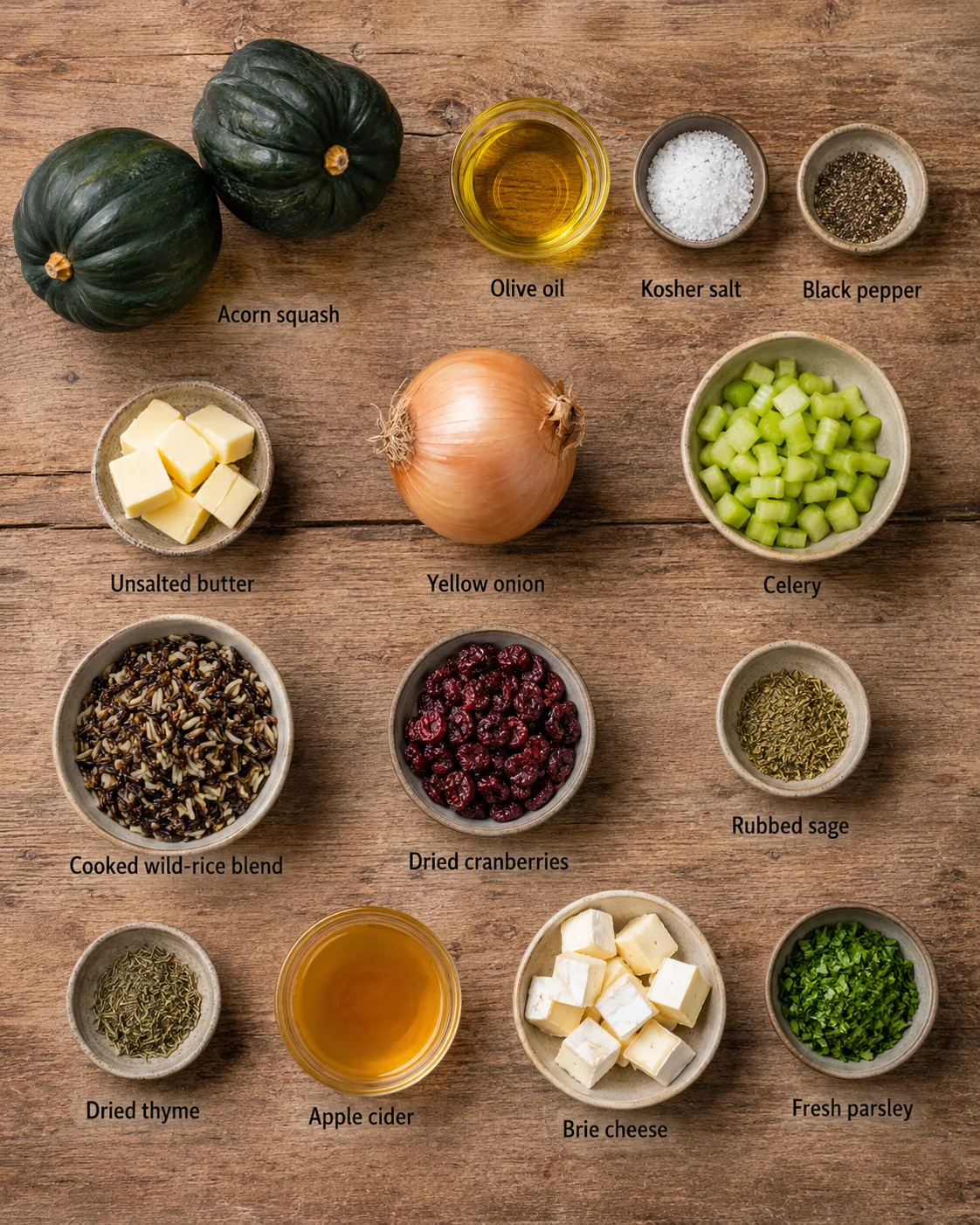 Overhead view of a rustic wooden board with acorn squash, olive oil, butter, onion, celery, grains, and herbs.